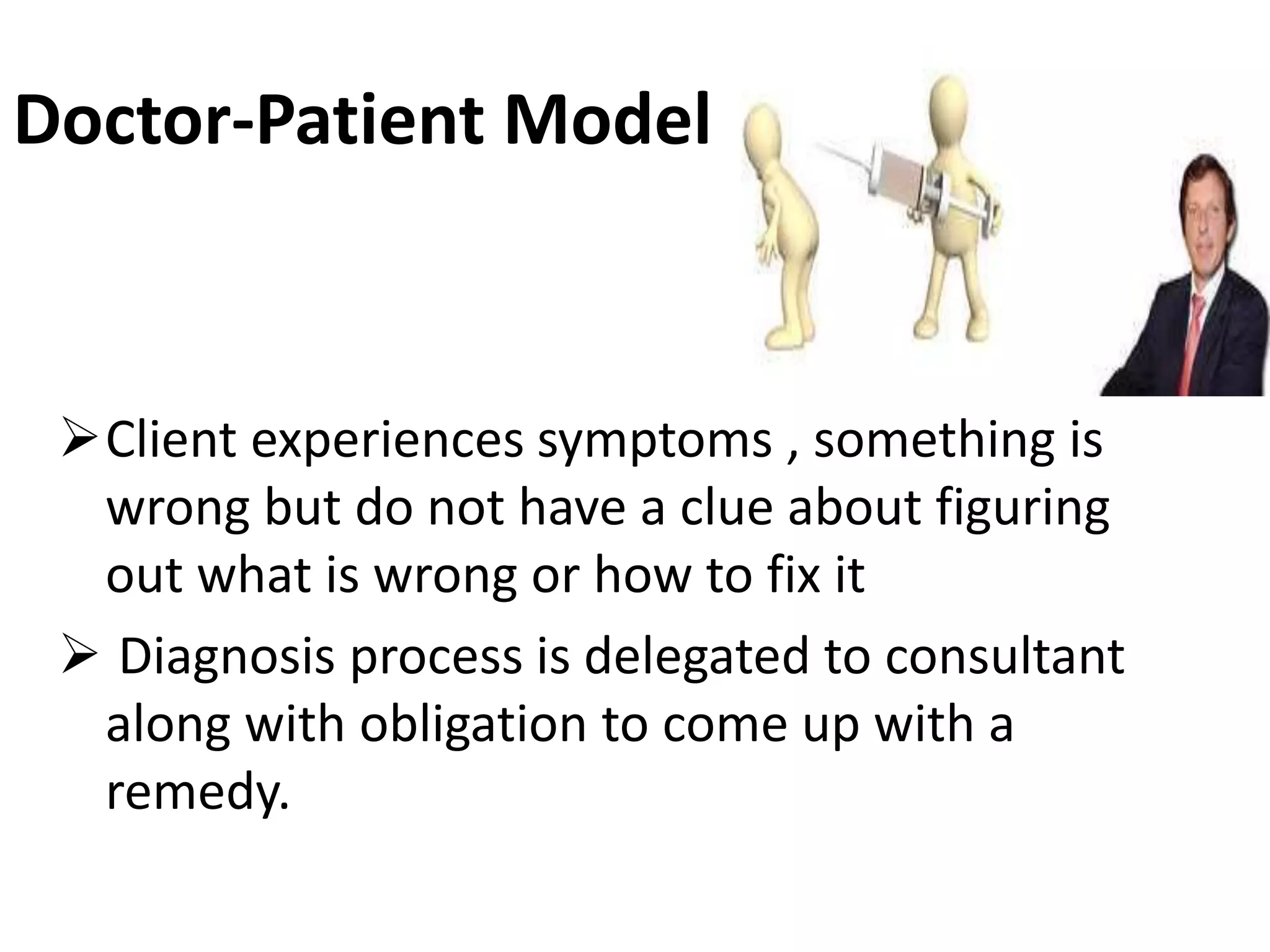 Doctor-Patient Model
Client experiences symptoms , something is
wrong but do not have a clue about figuring
out what is wrong or how to fix it
 Diagnosis process is delegated to consultant
along with obligation to come up with a
remedy.
 