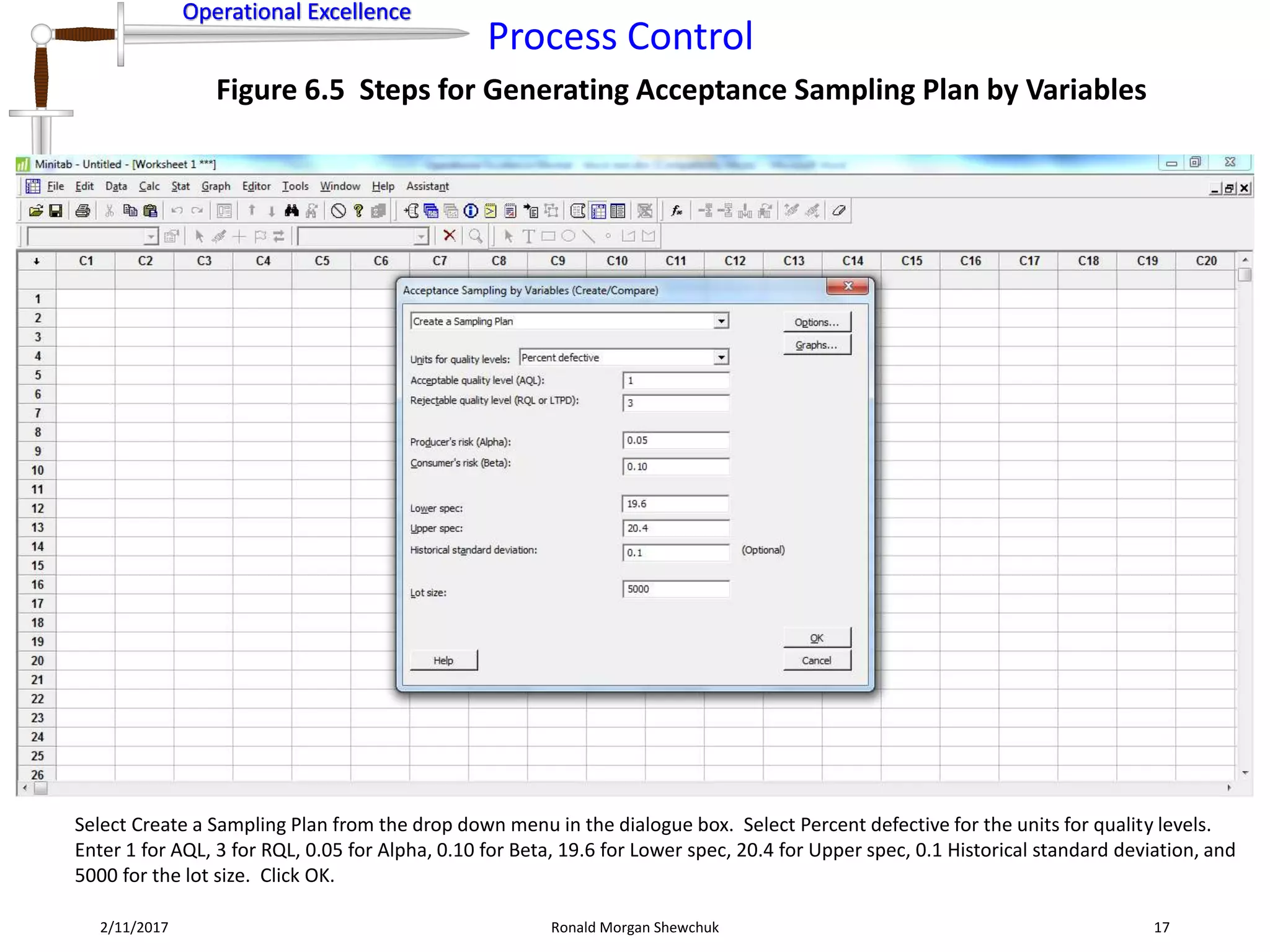 Operational Excellence
Process Control
Operational Excellence
2/11/2017 Ronald Morgan Shewchuk 17
Figure 6.5 Steps for Generating Acceptance Sampling Plan by Variables
Select Create a Sampling Plan from the drop down menu in the dialogue box. Select Percent defective for the units for quality levels.
Enter 1 for AQL, 3 for RQL, 0.05 for Alpha, 0.10 for Beta, 19.6 for Lower spec, 20.4 for Upper spec, 0.1 Historical standard deviation, and
5000 for the lot size. Click OK.
 