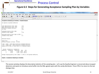 Operational Excellence
Process Control
Operational Excellence
2/11/2017 Ronald Morgan Shewchuk 19
Figure 6.5 Steps for Generating Acceptance Sampling Plan by Variables
The session window displays the descriptive statistics of the sampling plan. Let’s say the Quality Engineer is concerned about escaped
detection and wants to introduce some buffer into the RQL agreed upon with the candy distributor. Press CTRL-E to return to the last
dialogue box.
 