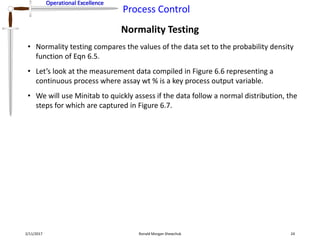 Operational Excellence
Process Control
Operational Excellence
Normality Testing
2/11/2017 Ronald Morgan Shewchuk 24
• Normality testing compares the values of the data set to the probability density
function of Eqn 6.5.
• Let’s look at the measurement data compiled in Figure 6.6 representing a
continuous process where assay wt % is a key process output variable.
• We will use Minitab to quickly assess if the data follow a normal distribution, the
steps for which are captured in Figure 6.7.
 