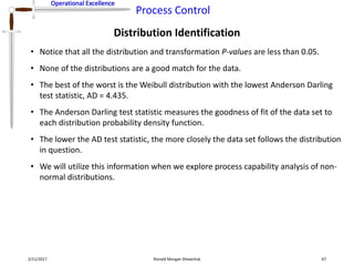 Operational Excellence
Process Control
Operational Excellence
Distribution Identification
2/11/2017 Ronald Morgan Shewchuk 47
• Notice that all the distribution and transformation P-values are less than 0.05.
• None of the distributions are a good match for the data.
• The best of the worst is the Weibull distribution with the lowest Anderson Darling
test statistic, AD = 4.435.
• The Anderson Darling test statistic measures the goodness of fit of the data set to
each distribution probability density function.
• The lower the AD test statistic, the more closely the data set follows the distribution
in question.
• We will utilize this information when we explore process capability analysis of non-
normal distributions.
 