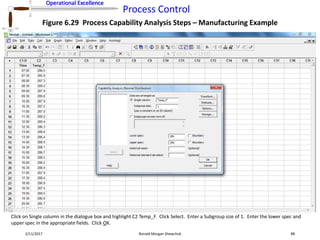 Operational Excellence
Process Control
Operational Excellence
2/11/2017 Ronald Morgan Shewchuk 88
Figure 6.29 Process Capability Analysis Steps – Manufacturing Example
Click on Single column in the dialogue box and highlight C2 Temp_F. Click Select. Enter a Subgroup size of 1. Enter the lower spec and
upper spec in the appropriate fields. Click OK.
 