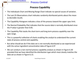 Operational Excellence
Process Control
Operational Excellence
Process Capability
2/11/2017 Ronald Morgan Shewchuk 93
• The Individuals Chart and Moving Range Chart indicate no special causes of variation.
• The Last 25 Observations chart indicates randomly distributed points about the mean
(a desirable result).
• The Capability Histogram indicates a bias of the process toward the upper spec limit.
• The Normal Probability Plot indicates that the source data is normally distributed since
the P-value is greater than 0.05.
• The Capability Plot stacks the short term and long term process capability over the
spec range.
• This is a powerful collection of charts enabling the analyst to understand the current
state of process control and capability.
• But what should we do if the data set is not normally distributed as we experienced
with the active ingredient concentration data of Figure 6.9?
• We can conduct a non-normal process capability analysis as shown in Figure 6.30
provided that we have identified the distribution type which most closely matches the
data set as shown in Figure 6.13.
 