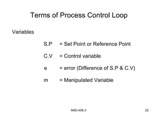 9AEI-406.3 22
Variables
S.P = Set Point or Reference Point
C.V = Control variable
e = error (Difference of S.P & C.V)
m = Manipulated Variable
Terms of Process Control Loop
 