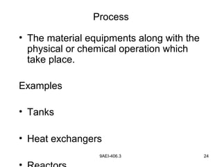 9AEI-406.3 24
Process
• The material equipments along with the
physical or chemical operation which
take place.
Examples
• Tanks
• Heat exchangers
 