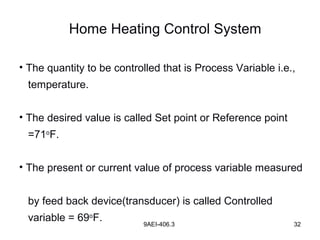 9AEI-406.3 32
Home Heating Control System
• The quantity to be controlled that is Process Variable i.e.,
temperature.
• The desired value is called Set point or Reference point
=71o
F.
• The present or current value of process variable measured
by feed back device(transducer) is called Controlled
variable = 69o
F.
 