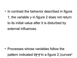 AEI-406.7 69
• In contrast the behavior described in figure
1, the variable y in figure 2 does not return
to its initial value after it is disturbed by
external influences.
• Processes whose variables follow the
pattern indicated by y in a figure 2 (curves
 