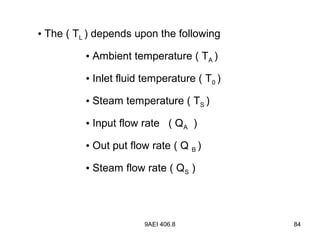 9AEI 406.8 84
• The ( TL ) depends upon the following
• Ambient temperature ( TA )
• Inlet fluid temperature ( T0 )
• Steam temperature ( TS )
• Input flow rate ( QA )
• Out put flow rate ( Q B )
• Steam flow rate ( QS )
 
