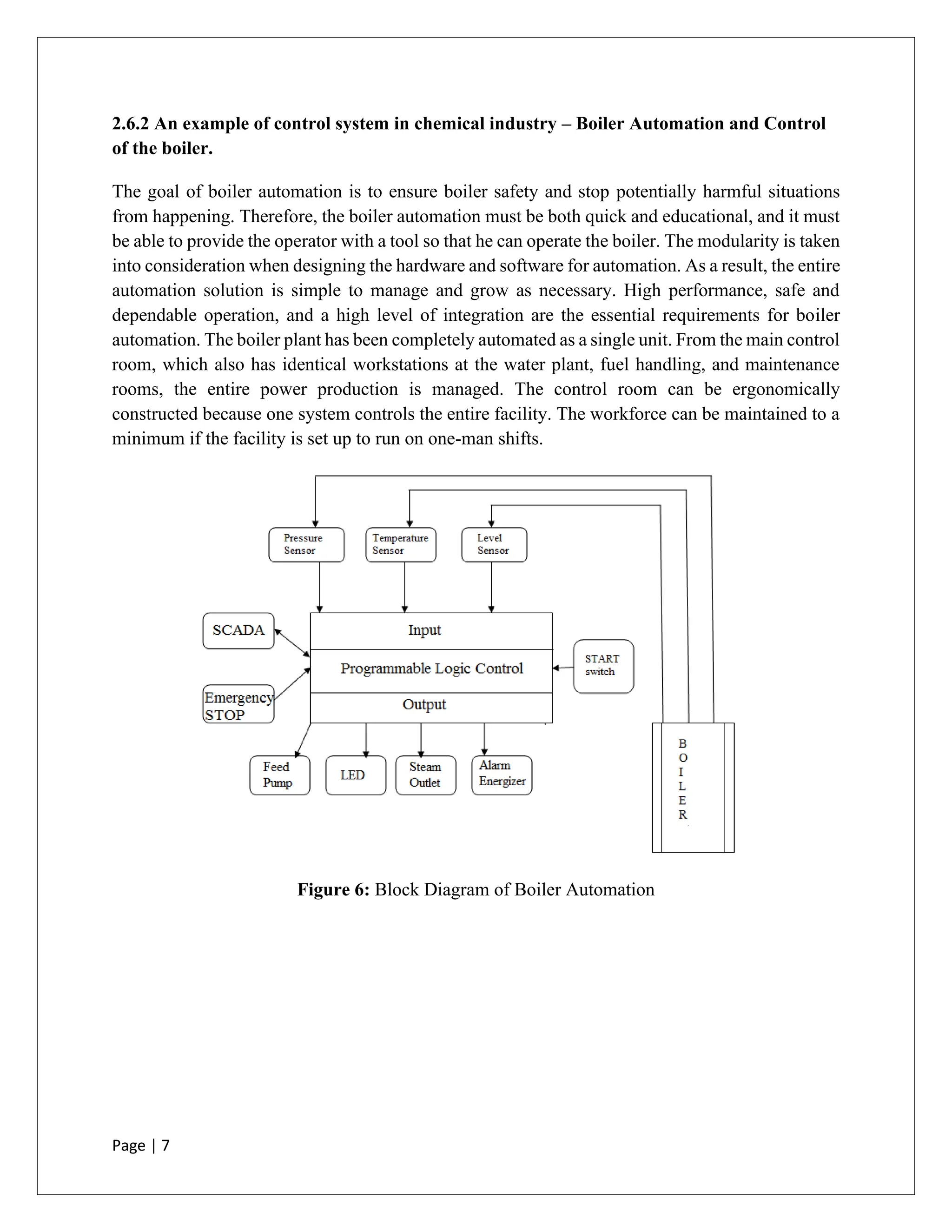Page | 7
2.6.2 An example of control system in chemical industry – Boiler Automation and Control
of the boiler.
The goal of boiler automation is to ensure boiler safety and stop potentially harmful situations
from happening. Therefore, the boiler automation must be both quick and educational, and it must
be able to provide the operator with a tool so that he can operate the boiler. The modularity is taken
into consideration when designing the hardware and software for automation. As a result, the entire
automation solution is simple to manage and grow as necessary. High performance, safe and
dependable operation, and a high level of integration are the essential requirements for boiler
automation. The boiler plant has been completely automated as a single unit. From the main control
room, which also has identical workstations at the water plant, fuel handling, and maintenance
rooms, the entire power production is managed. The control room can be ergonomically
constructed because one system controls the entire facility. The workforce can be maintained to a
minimum if the facility is set up to run on one-man shifts.
Figure 6: Block Diagram of Boiler Automation
 