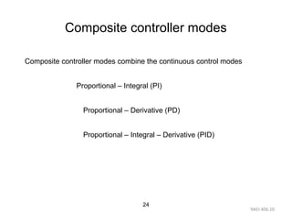 9AEI-406.10
24
Composite controller modes
Composite controller modes combine the continuous control modes
Proportional – Integral (PI)
Proportional – Derivative (PD)
Proportional – Integral – Derivative (PID)
 