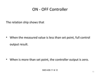 32
9AEI-406.11 & 12
ON - OFF Controller
The relation ship shows that
• When the measured value is less than set point, full control
output result.
• When is more than set point, the controller output is zero.
 