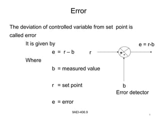 4
9AEI-406.9
The deviation of controlled variable from set point is
called error
It is given by
e = r – b
Where
b = measured value
r = set point
e = error
Error
+ -r
b
e = r-b
Error detector
 