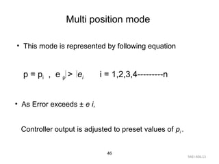 9AEI-406.13
46
Multi position mode
p = pi , e p > ei i = 1,2,3,4---------n
• As Error exceeds ± e i,
Controller output is adjusted to preset values of pi .
• This mode is represented by following equation
 
