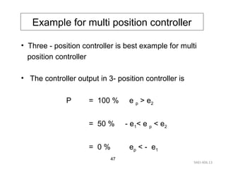 9AEI-406.13
47
• Three - position controller is best example for multi
position controller
• The controller output in 3- position controller is
P = 100 % e p > e2
= 50 % - e1< e p < e2
= 0 % ep < - e1
Example for multi position controller
 