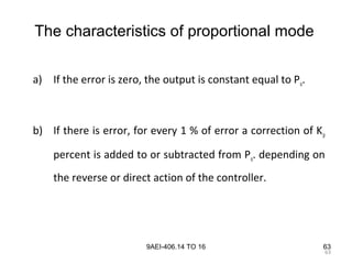 63
9AEI-406.14 TO 16 63
a) If the error is zero, the output is constant equal to Po.
b) If there is error, for every 1 % of error a correction of Kp
percent is added to or subtracted from Po. depending on
the reverse or direct action of the controller.
The characteristics of proportional mode
 
