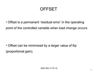 69
9AEI-406.14 TO 16
• Offset is a permanent ‘residual error’ in the operating
point of the controlled variable when load change occurs
• Offset can be minimized by a larger value of Kp
(proportional gain).
OFFSET
 