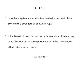 71
9AEI-406.14 TO 16
OFFSET
• consider a system under nominal load with the controller at
50%and the error zero as shown in Fig 2.
• If the transient error occurs the system respond by changing
controller out put in correspondence with the transient to
effect return to zero error
 