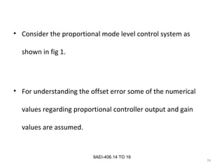 74
9AEI-406.14 TO 16
• Consider the proportional mode level control system as
shown in fig 1.
• For understanding the offset error some of the numerical
values regarding proportional controller output and gain
values are assumed.
 