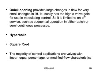 9AEI-406.42 124
• Quick opening provides large changes in flow for very
small changes in lift. It usually has too high a valve gain
for use in modulating control. So it is limited to on-off
service, such as sequential operation in either batch or
semi-continuous processes.
• Hyperbolic
• Square Root
• The majority of control applications are valves with
linear, equal-percentage, or modified-flow characteristics
 