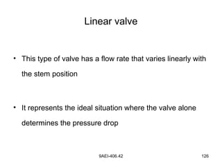 9AEI-406.42 126
Linear valve
• This type of valve has a flow rate that varies linearly with
the stem position
• It represents the ideal situation where the valve alone
determines the pressure drop
 