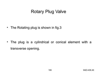 9AEI-406.46166
Rotary Plug Valve
• The Rotating plug is shown in fig.3
• The plug is a cylindrical or conical element with a
transverse opening.
 