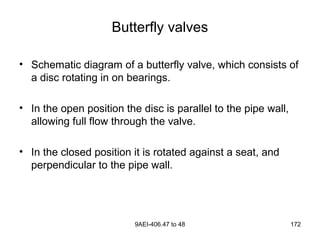 9AEI-406.47 to 48 172
Butterfly valves
• Schematic diagram of a butterfly valve, which consists of
a disc rotating in on bearings.
• In the open position the disc is parallel to the pipe wall,
allowing full flow through the valve.
• In the closed position it is rotated against a seat, and
perpendicular to the pipe wall.
 
