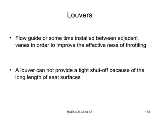 9AEI-406.47 to 48 185
Louvers
• Flow guide or some time installed between adjacent
vanes in order to improve the effective ness of throttling
• A louver can not provide a tight shut-off because of the
long length of seat surfaces
 