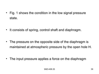 9AEI-406.35 39
• Fig. 1 shows the condition in the low signal pressure
state.
• It consists of spring, control shaft and diaphragm.
• The pressure on the opposite side of the diaphragm is
maintained at atmospheric pressure by the open hole H.
• The input pressure applies a force on the diaphragm
 
