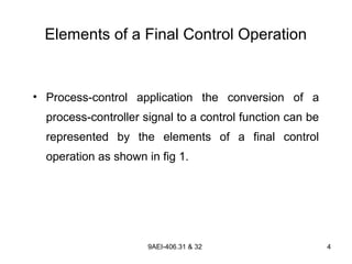 9AEI-406.31 & 32 4
Elements of a Final Control Operation
• Process-control application the conversion of a
process-controller signal to a control function can be
represented by the elements of a final control
operation as shown in fig 1.
 