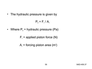 56 9AEI-406.37
• The hydraulic pressure is given by
PH = F1 / A1
• Where PH = hydraulic pressure (Pa)
F1 = applied piston force (N)
A1 = forcing piston area (m2
)
 