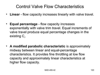 9AEI-406.42 120
Control Valve Flow Characteristics
• Linear - flow capacity increases linearly with valve travel.
• Equal percentage - flow capacity increases
exponentially with valve trim travel. Equal increments of
valve travel produce equal percentage changes in the
existing Cv.
• A modified parabolic characteristic is approximately
midway between linear and equal-percentage
characteristics. It provides fine throttling at low flow
capacity and approximately linear characteristics at
higher flow capacity.
 
