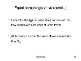 9AEI-406.42 126
• Generally, this type of valve does not shut-off the
flow completely in its limits of stem travel
• At the other extreme, the valve allows a maximum
flow Qmax.
Equal percentage valve (contd..)
 