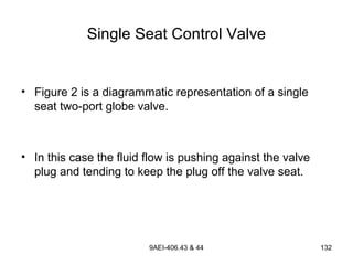 9AEI-406.43 & 44 132
Single Seat Control Valve
• Figure 2 is a diagrammatic representation of a single
seat two-port globe valve.
• In this case the fluid flow is pushing against the valve
plug and tending to keep the plug off the valve seat.
 
