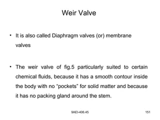 9AEI-406.45 151
Weir Valve
• It is also called Diaphragm valves (or) membrane
valves
• The weir valve of fig.5 particularly suited to certain
chemical fluids, because it has a smooth contour inside
the body with no “pockets” for solid matter and because
it has no packing gland around the stem.
 