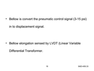 18 9AEI-406.33
• Bellow is convert the pneumatic control signal (3-15 psi)
in to displacement signal.
• Bellow elongation sensed by LVDT (Linear Variable
Differential Transformer.
 
