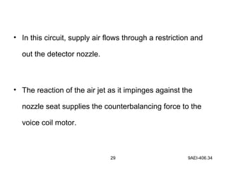 29 9AEI-406.34
• In this circuit, supply air flows through a restriction and
out the detector nozzle.
• The reaction of the air jet as it impinges against the
nozzle seat supplies the counterbalancing force to the
voice coil motor.
 