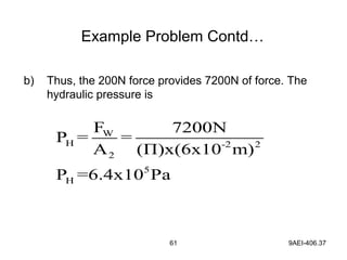 61 9AEI-406.37
b) Thus, the 200N force provides 7200N of force. The
hydraulic pressure is
W
H -2 2
2
5
H
F 7200N
P = =
A (Π)x(6x10 m)
P =6.4x10 Pa
Example Problem Contd…
 