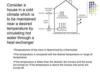 Consider a
house in a cold
climate which is
to be maintained
near a desired
temperature by
circulating hot
water through a
heat exchanger
•Temperaturere of the room is determined by a thermostat
•This temperature is compared with the desired temperature or range of
temperature
•If the temperature is below than the desired, the furnace and the pump
are turned on; if the temperature is above the furnace and pump are
turned off.
 
