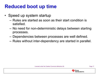 Reduced boot up time Speed up system startup Rules are started as soon as their start condition is satisfied. No need for non-deterministic delays between starting processes. Dependencies between processes are well defined. Rules without inter-dependency are started in parallel. 