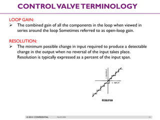 © 2014 / CONFIDENTIAL ISLAM DEIF 13
CONTROLVALVETERMINOLOGY
LOOP GAIN:
 The combined gain of all the components in the loop when viewed in
series around the loop Sometimes referred to as open-loop gain.
RESOLUTION:
 The minimum possible change in input required to produce a detectable
change in the output when no reversal of the input takes place.
Resolution is typically expressed as a percent of the input span.
 