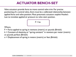 © 2014 / CONFIDENTIAL ISLAM DEIF 139
ACTUATOR BENCH-SET
Valve actuators provide force to move control valve trim. For precise
positioning of a control valve, there must be a calibrated relationship between
applied force and valve position. Most pneumatic actuators exploit Hooke’s
Law to translate applied air pressure to valve stem position.
F = kx
Where,
F = Force applied to spring in newtons (metric) or pounds (British)
k = Constant of elasticity, or “spring constant” in newtons per meter (metric)
or pounds perfoot (British)
x = Displacement of spring in meters (metric) or feet (British)
 