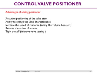 © 2014 / CONFIDENTIAL ISLAM DEIF 155
CONTROLVALVE POSITIONER
Advantages of adding positioner
Accurate positioning of the valve stem
Ability to change the valve characteristics
Increase the speed of response (acting like volume booster )
Reverse the action of a valve
Tight shutoff (improve valve seating )
 