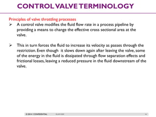 © 2014 / CONFIDENTIAL ISLAM DEIF 16
CONTROLVALVETERMINOLOGY
Principles of valve throttling processes
 A control valve modifies the fluid flow rate in a process pipeline by
providing a means to change the effective cross sectional area at the
valve.
 This in turn forces the fluid to increase its velocity as passes through the
restriction.Even though it slows down again after leaving the valve, some
of the energy in the fluid is dissipated through flow separation effects and
frictional losses, leaving a reduced pressure in the fluid downstream of the
valve.
 