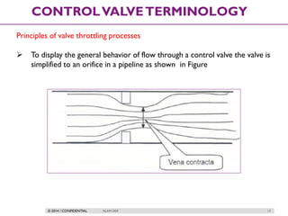 © 2014 / CONFIDENTIAL ISLAM DEIF 17
CONTROLVALVETERMINOLOGY
Principles of valve throttling processes
 To display the general behavior of flow through a control valve the valve is
simplified to an orifice in a pipeline as shown in Figure
 