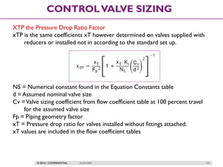© 2014 / CONFIDENTIAL ISLAM DEIF 239
CONTROLVALVE SIZING
XTP the Pressure Drop Ratio Factor
xTP is the same coefficients xT however determined on valves supplied with
reducers or installed not in according to the standard set up.
N5 = Numerical constant found in the Equation Constants table
d = Assumed nominal valve size
Cv =Valve sizing coefficient from flow coefficient table at 100 percent travel
for the assumed valve size
Fp = Piping geometry factor
xT = Pressure drop ratio for valves installed without fittings attached.
xT values are included in the flow coefficient tables
 