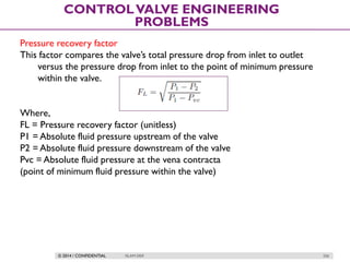© 2014 / CONFIDENTIAL ISLAM DEIF 256
CONTROLVALVE ENGINEERING
PROBLEMS
Pressure recovery factor
This factor compares the valve’s total pressure drop from inlet to outlet
versus the pressure drop from inlet to the point of minimum pressure
within the valve.
Where,
FL = Pressure recovery factor (unitless)
P1 = Absolute fluid pressure upstream of the valve
P2 = Absolute fluid pressure downstream of the valve
Pvc = Absolute fluid pressure at the vena contracta
(point of minimum fluid pressure within the valve)
 