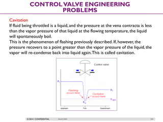 © 2014 / CONFIDENTIAL ISLAM DEIF 259
CONTROLVALVE ENGINEERING
PROBLEMS
Cavitation
If fluid being throttled is a liquid, and the pressure at the vena contracta is less
than the vapor pressure of that liquid at the flowing temperature, the liquid
will spontaneously boil.
This is the phenomenon of flashing previously described. If, however, the
pressure recovers to a point greater than the vapor pressure of the liquid, the
vapor will re-condense back into liquid again.This is called cavitation.
 