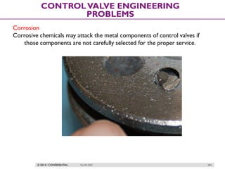 © 2014 / CONFIDENTIAL ISLAM DEIF 284
CONTROLVALVE ENGINEERING
PROBLEMS
Corrosion
Corrosive chemicals may attack the metal components of control valves if
those components are not carefully selected for the proper service.
 