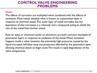© 2014 / CONFIDENTIAL ISLAM DEIF 285
CONTROLVALVE ENGINEERING
PROBLEMS
Notes
The effects of corrosion are multiplied when combined with the effects of
cavitation. Most metals develop what is known as a passivation layer in
response to chemical attack.The outer layer of metal corrodes, but the
byproduct of that corrosion is a relatively inert compound acting to shield the
rest of the metal from further attack.
Rust on steel, or aluminum oxide on aluminum,are both common examples of
passivation layers in response to oxidation of the metal.When cavitation
happens inside a valve, however, the extremely high pressures caused by the
liquid microjets will blast away any protection afforded by the passivation layer,
allowing chemical attack to begin anew.The result is rapid degradation of the
valve components.
 
