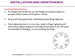 © 2014 / CONFIDENTIAL ISLAM DEIF 293
INSTALLATION AND MAINTENANCE
Use Good Piping Practices
 For flanged valve bodies, be sure the flanges are properly aligned to
provide uniform contact of the gasket surfaces.
 Snug up the bolts gently after establishing proper flange alignment.
 Finish tightening them in a criss-cross pattern. Proper tightening will
avoid uneven gasket loading and will help prevent leaks. It also will avoid
the possibility of damaging, or even breaking, the flange.
 